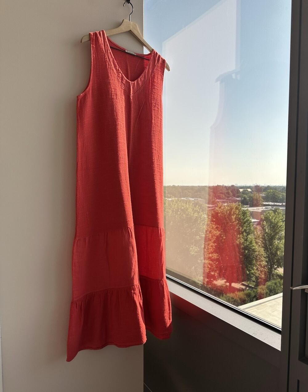 Francesca Bettini Midi Dress Red Tiered Ruffle Linen Scoop Neck XL